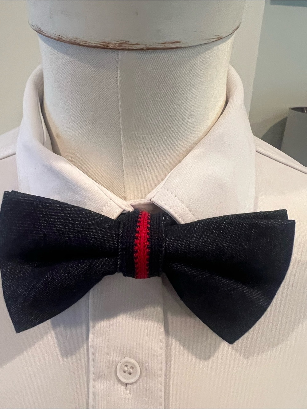 Classic dark  denim Bow Tie with Red Accent
